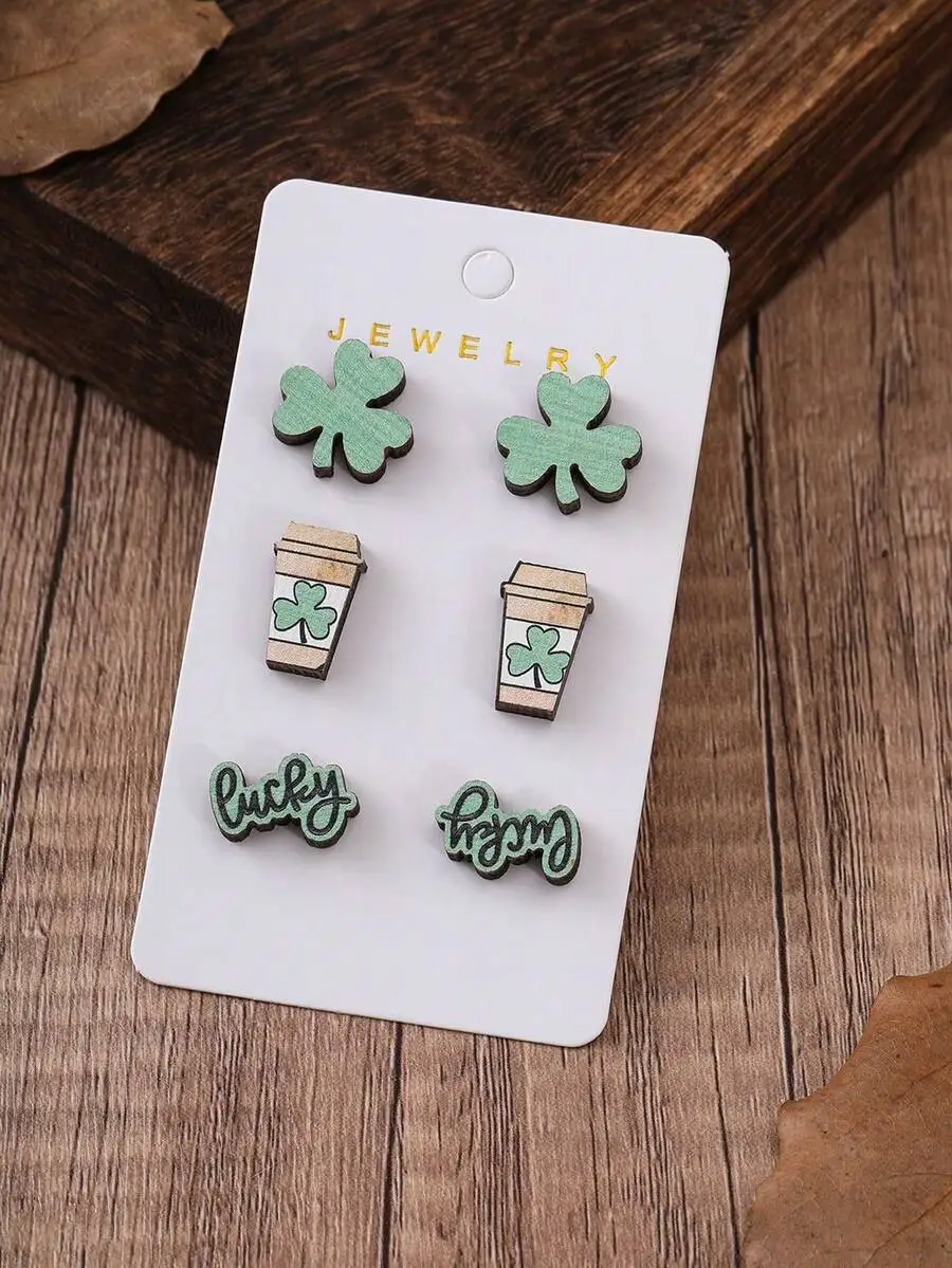 3 Pairs/Set Fashionable Wooden - Iron On Stud Set のレビューと価格