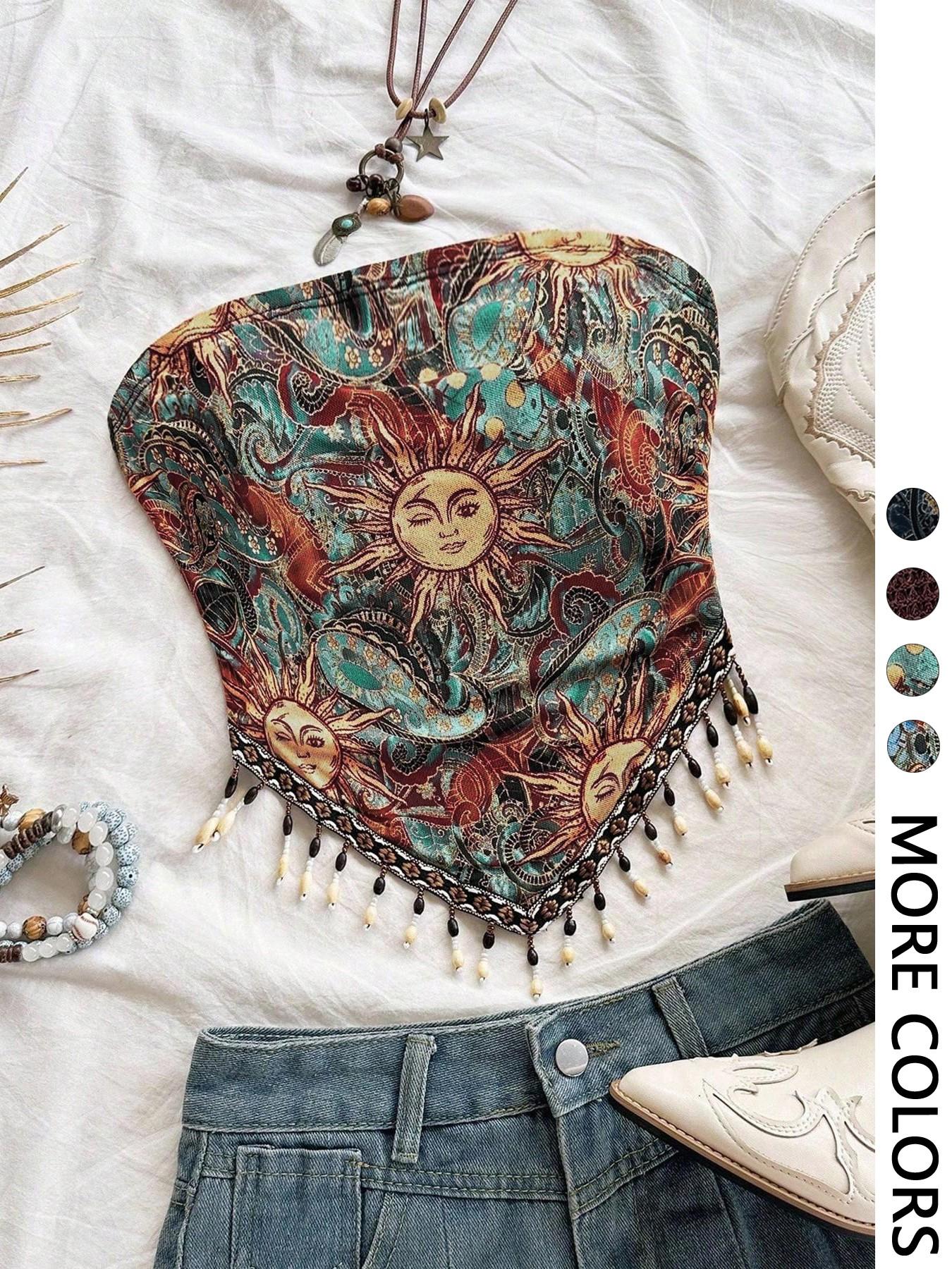 Ladies' 1pc Printed Mesh Knitt - Beaded Trim Fringe のレビューと価格