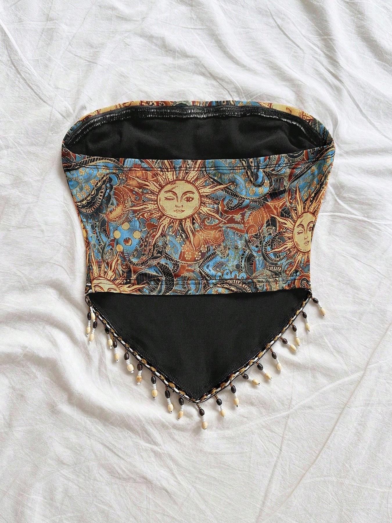 Ladies' 1pc Printed Mesh Knitt - Beaded Trim Fringe のレビューと価格