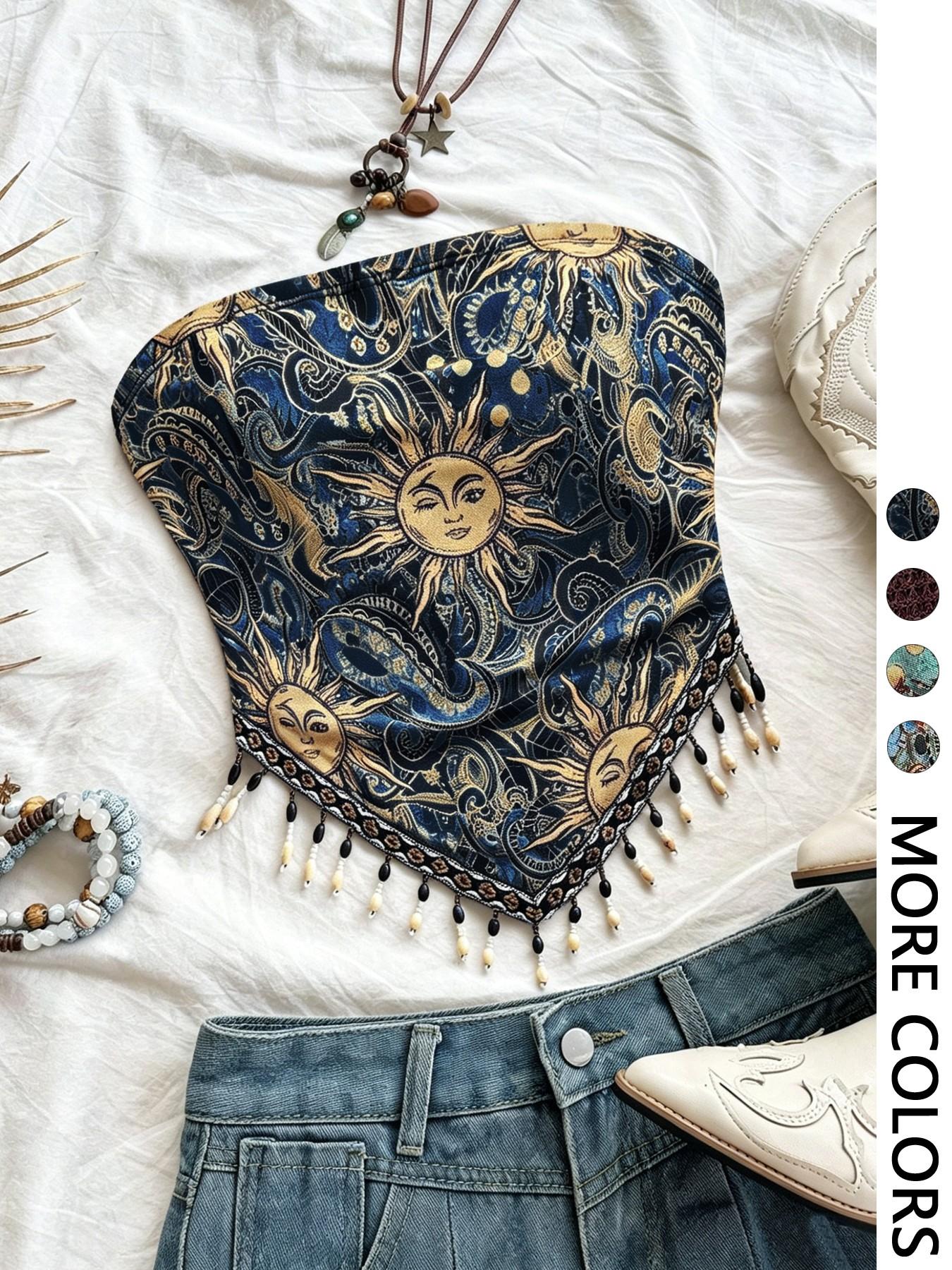 Ladies' 1pc Printed Mesh Knitt - Beaded Trim Fringe のレビューと価格