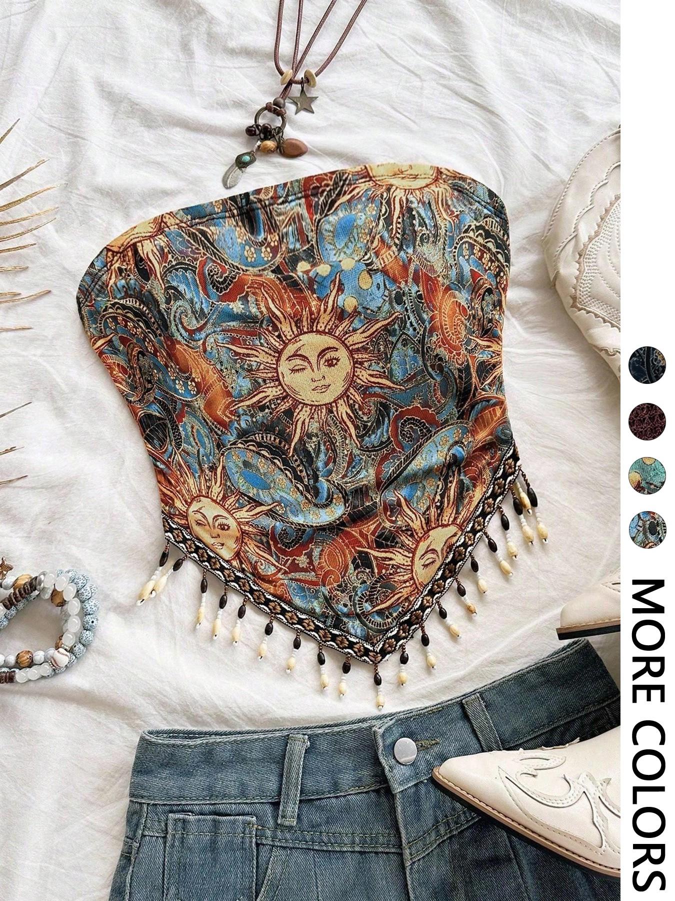 Ladies' 1pc Printed Mesh Knitt - Beaded Trim Fringe のレビューと価格