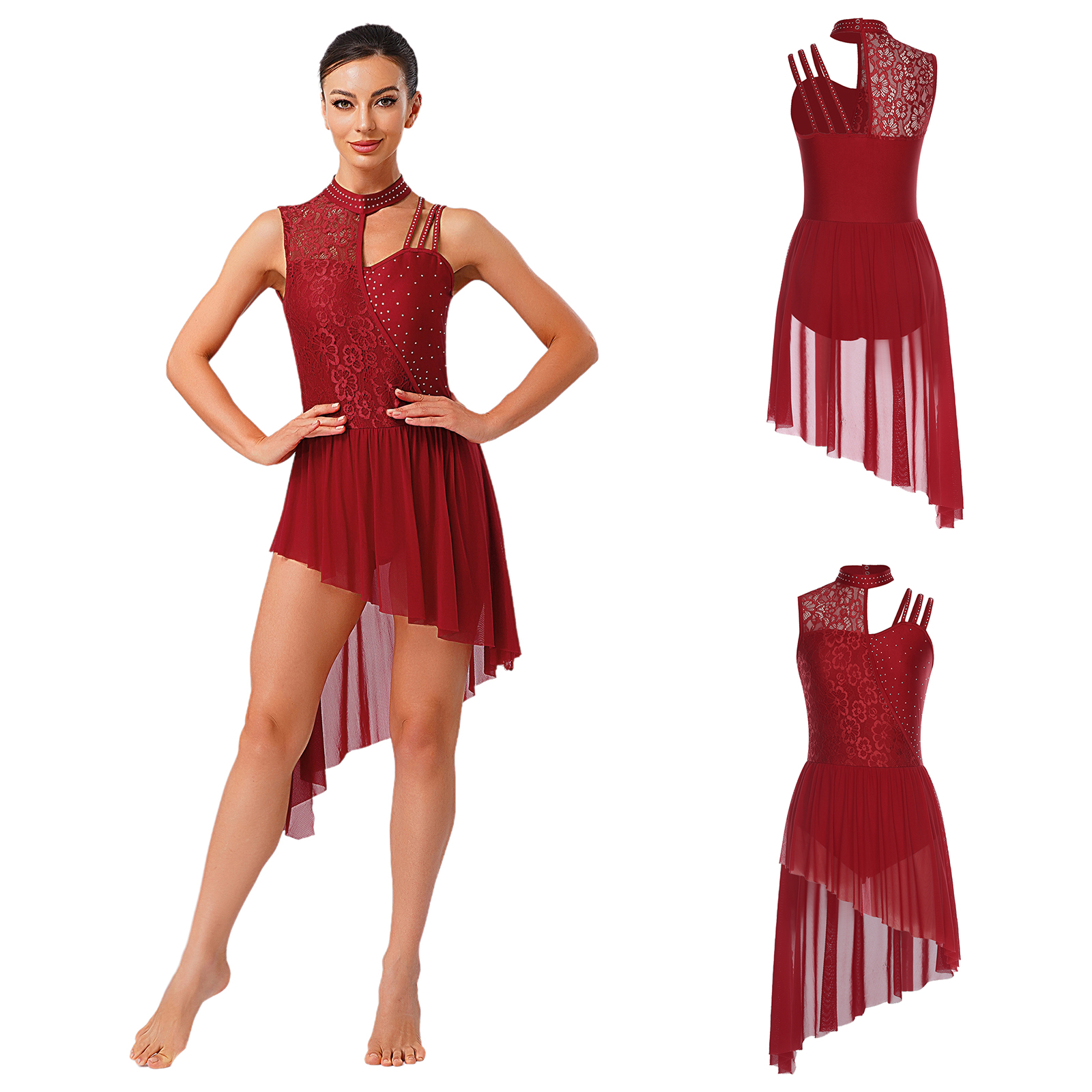 Women Lyrical Dance Dress Flor - Rhinestone Banding Trim のレビューと価格